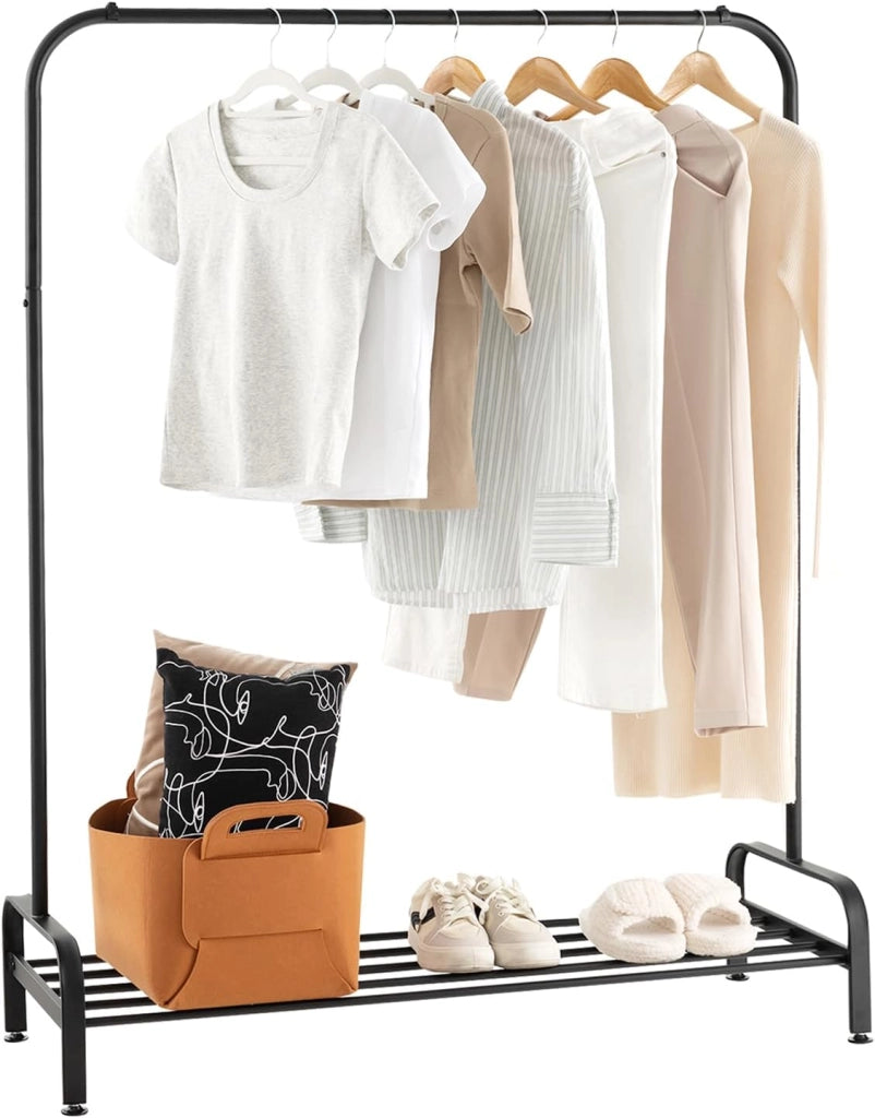 Stand Appendiabiti in Metallo, Appendiabiti da Terra con Barra Ripiano e Piedini Regolabili, Ideale per Camera da Letto e Soggiorno, 112x42x145 cm