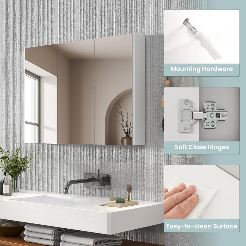 Mobiletto Bagno con Specchio, Specchio Bagno con 2 Ripiani di Stoccaggio, 90x11x65 cm, Bianco
