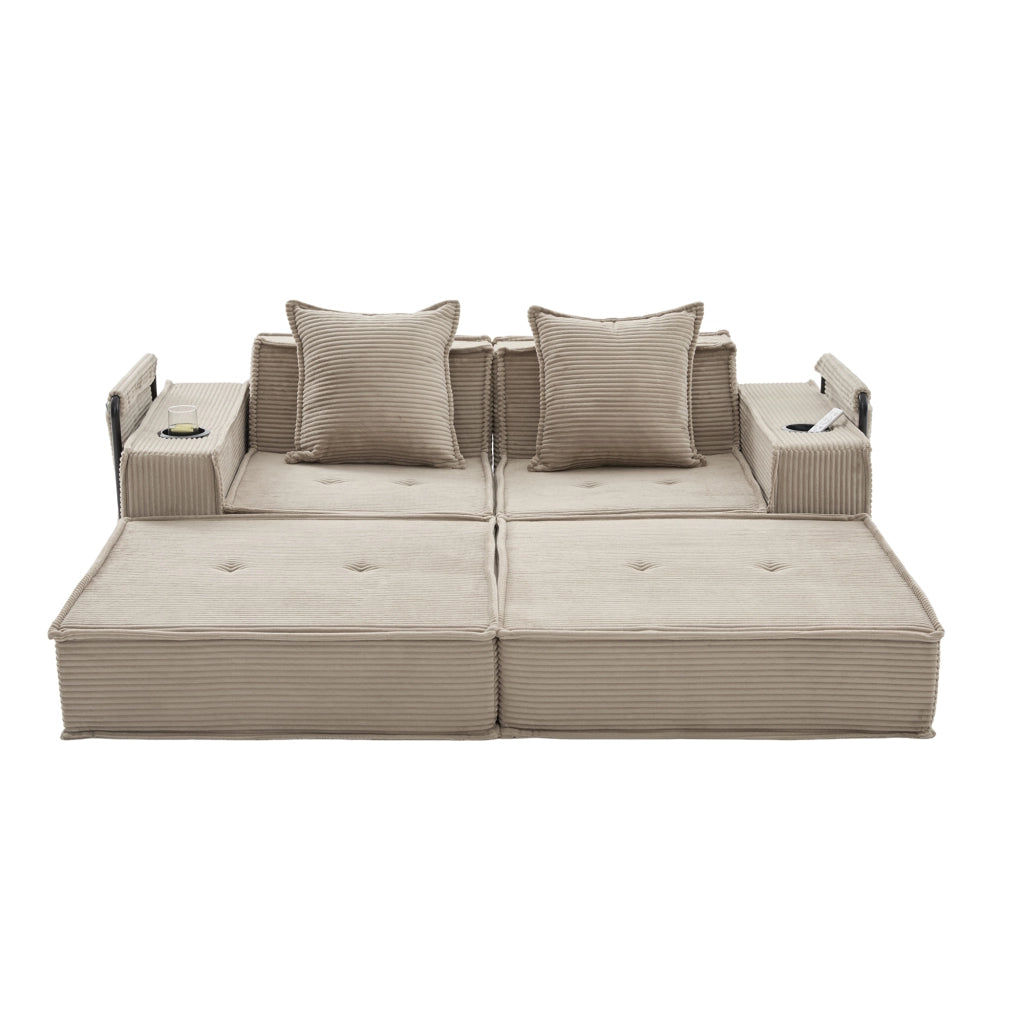Pouf divano modulare in corduroy con due cuscini, tasche laterali e seduta ergonomica