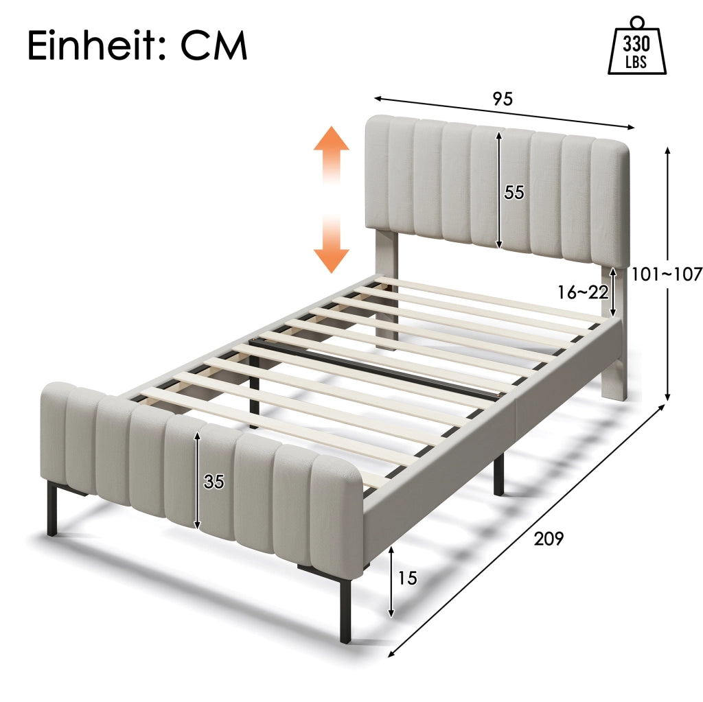 Letto imbottito 90x200 cm con testiera regolabile e rete in legno