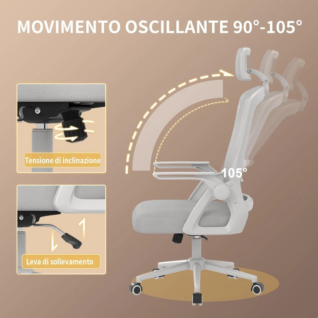 Sedia ufficio con rotelle - RATTANTREE - braccioli regolabili - Funzione Oscillante - Grigio