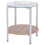 Tavolino moderno piano in vetro temperato con 1 ripiano legno chiaro e argento stile moderno