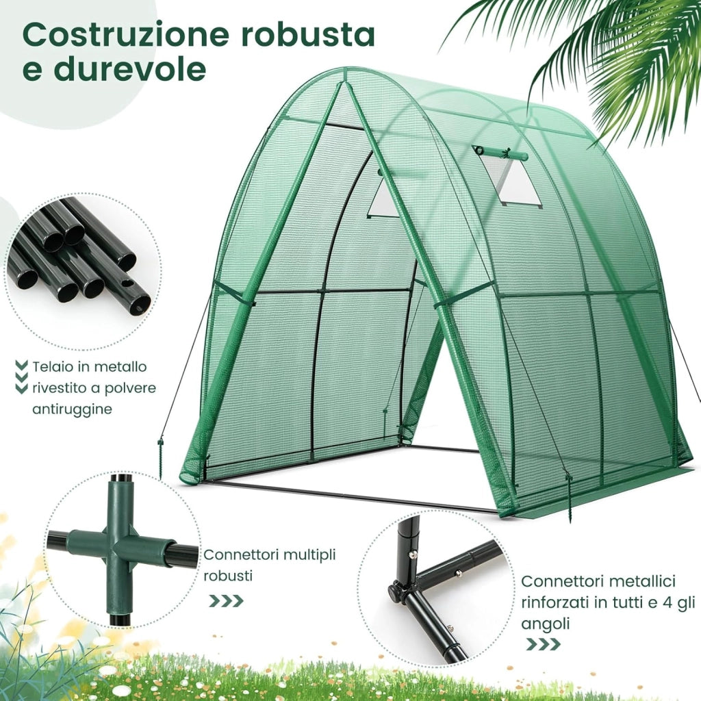 Serra da Giardino 181 x 181 x 200 CM, Serra a Tunnel da Esterno con 2 Porte con Zip, 2 Finestre, Copertura in PE Impermeabile e Tasche Laterali, Serra Invernale per Giardino (Verde)