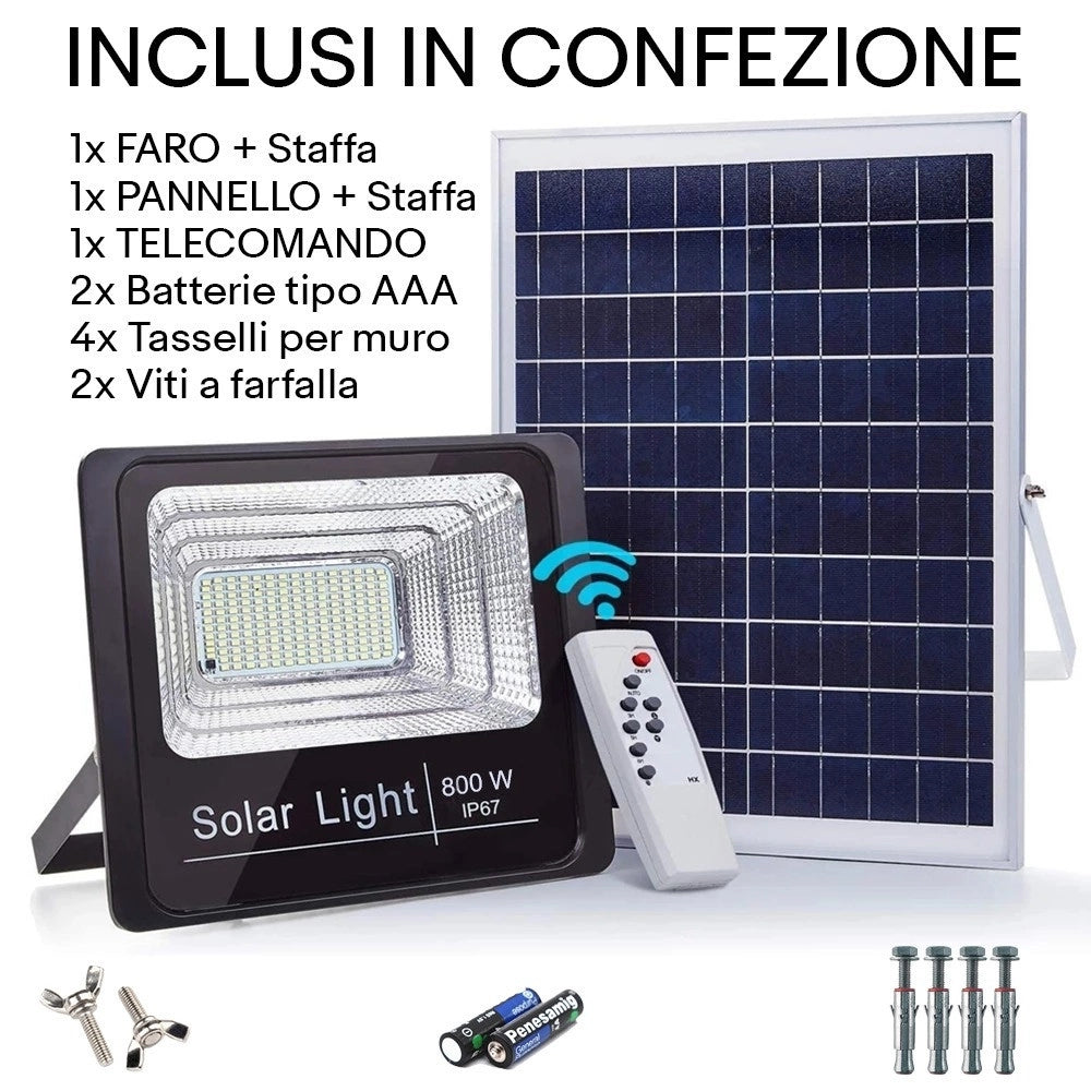 Trade Shop - Faretto Led Esterno Con Pannello Energia Solare 800 W Batteria 12 Ore Faro Ip67 -