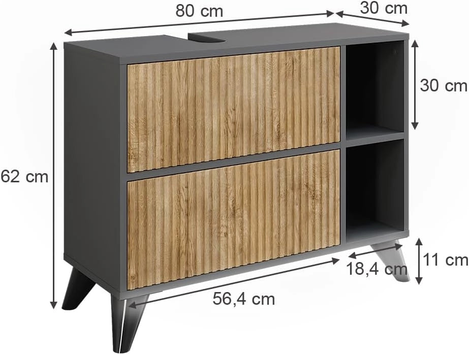 Mobiletto per lavabo Leano, Antracite/quercia di montagna, 80 x 62 cm con 2 cassetti, adatto per la conservazione di articoli da bagno e asciugamani