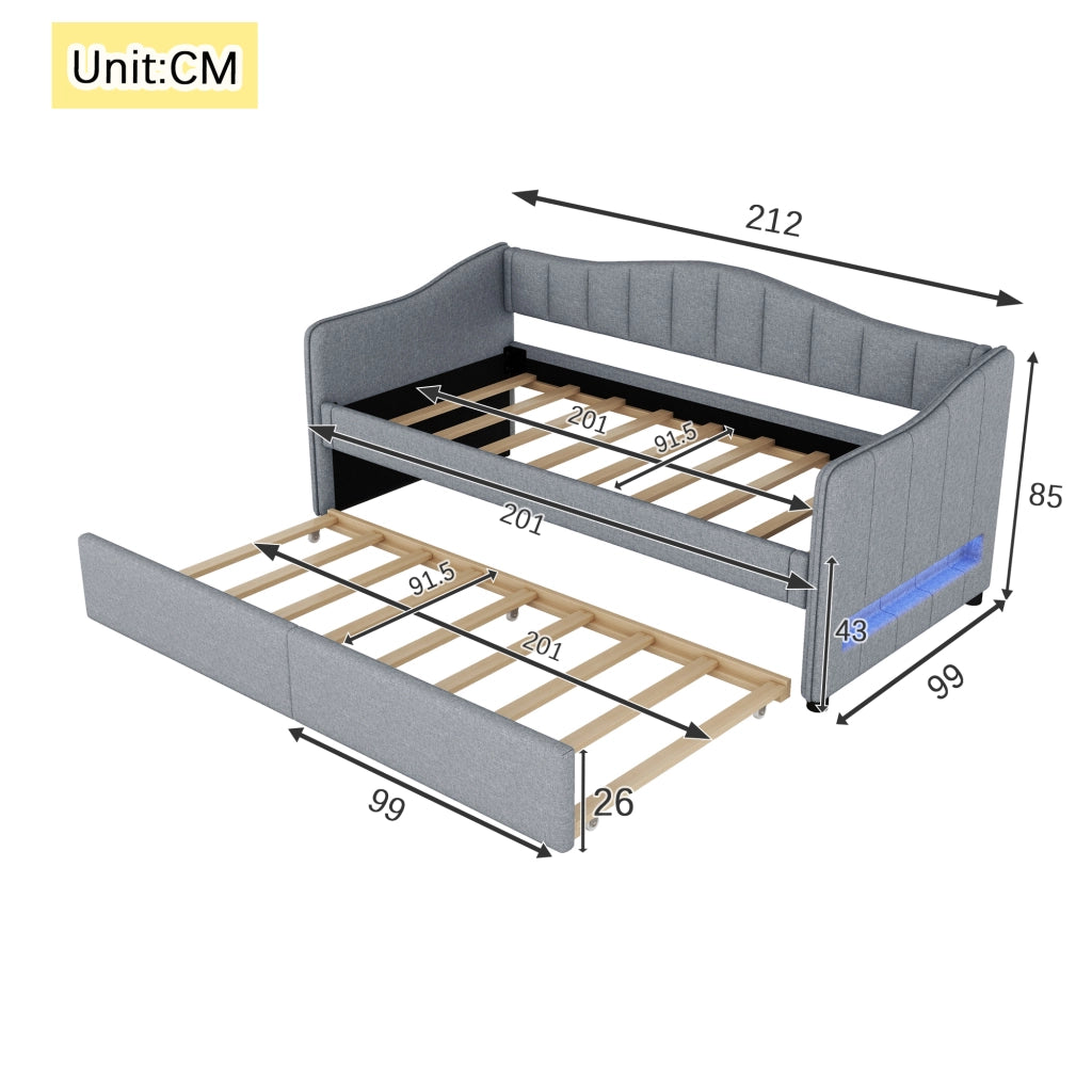 Tagesbett con letto estraibile lino grigio 90x200 cm