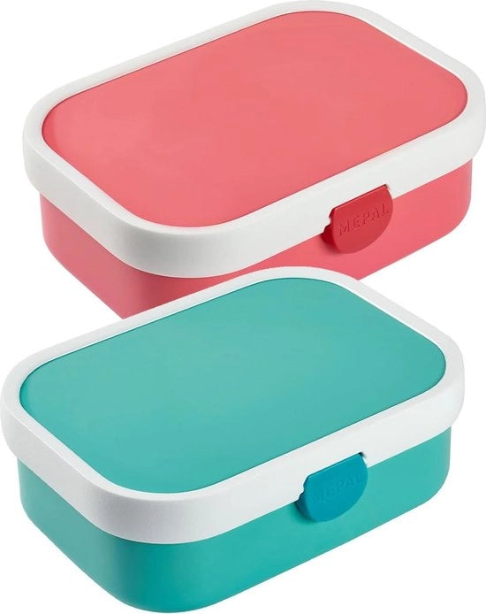 Set di 2 contenitori per pane Campus con forchetta, 700 ml – Scatola per picnic colorata con chiusura a clip, ABS, 17,8 x 13,2 x 6,1 cm, Blu turquesa e Rosa