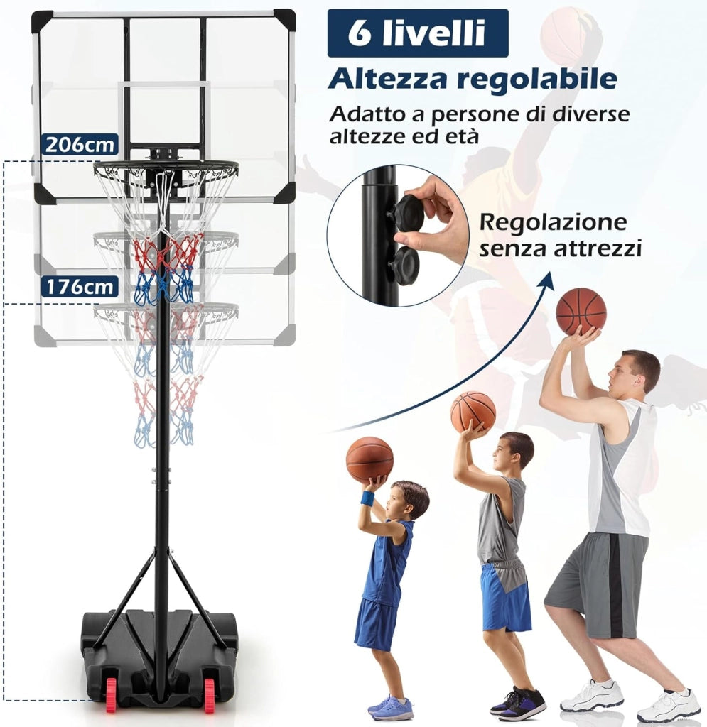 Canestro da Basket Portatile e Regolabile in Altezza 223-253 cm, Canestro da Basket da Esterno ed Interno con Tabellone Antisfondamento, Base Riempibile e Ruote