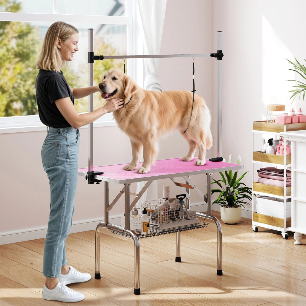 Tavolo da Toelettatura Cani Pieghevole ¨C Xylo ¨C con Cestino Metallico e Braccio Regolabile 107x60x164 cm Rosa