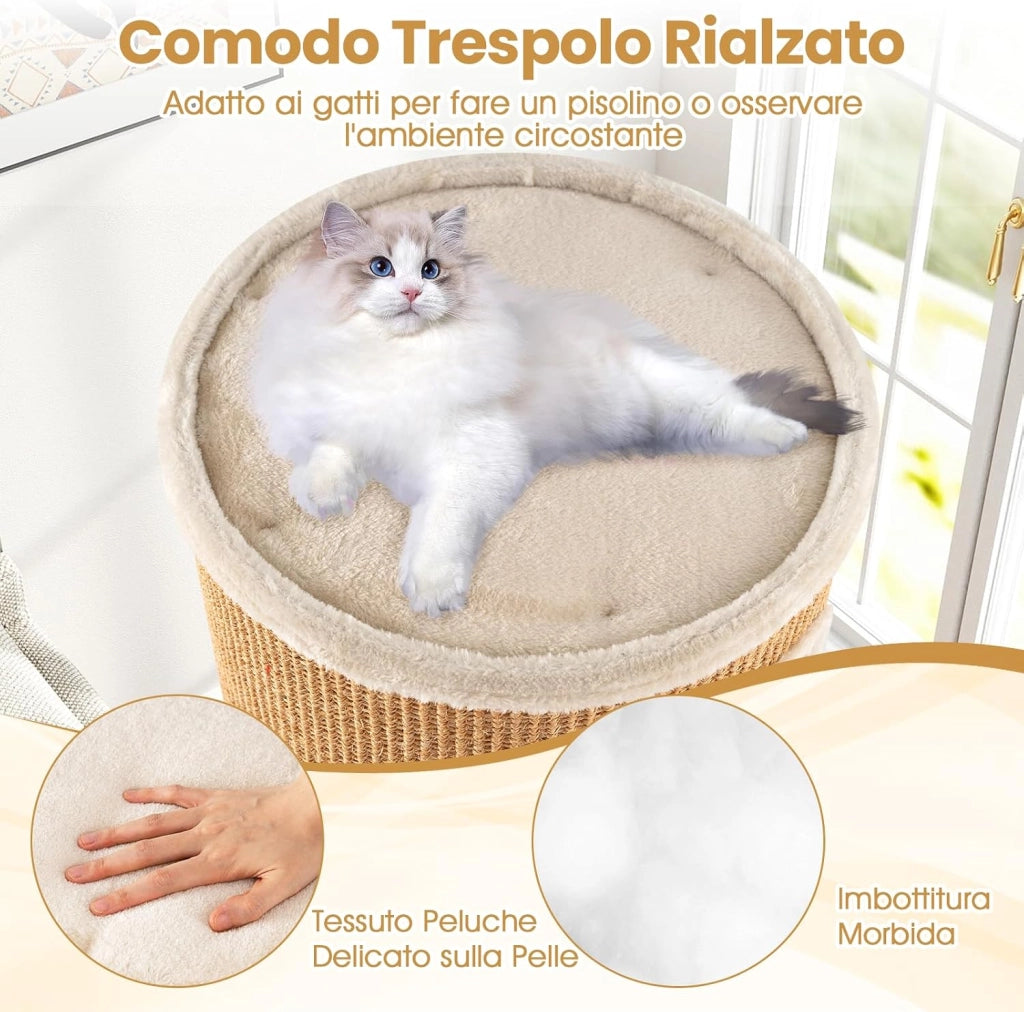 Cuccia per Gatti a 3 Piani, Cassetta Multilivello con Tappetino per Graffi in Sisal e Letto Morbido per Pisolini, Torre a Forma di Barile per Gattini, 36 x 36 x 60 cm
