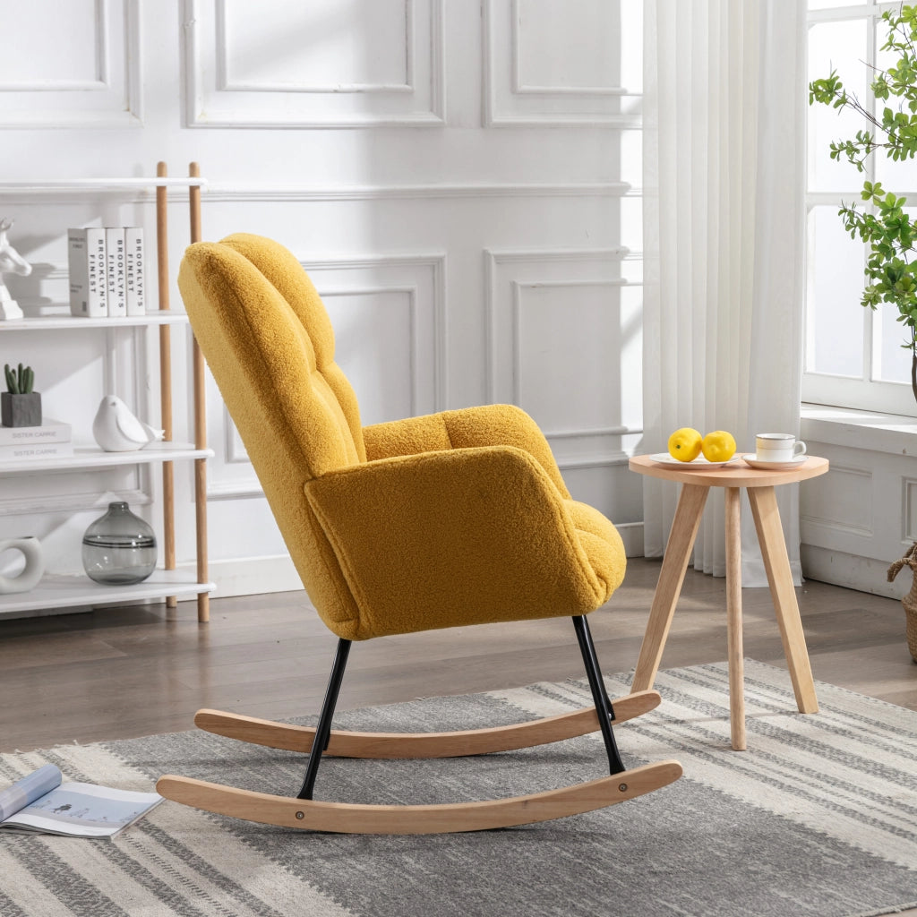 OKWISH Poltrona a Dondolo, Schienale Alto Ergonomico e Braccioli Imbottiti, Base in Legno e Metallo, Teddy Giallo 80 x 70 x 95 cm