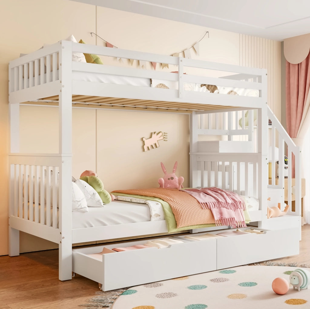 Letto a castello 90x200 cm con scala contenitore e 2 cassetti
