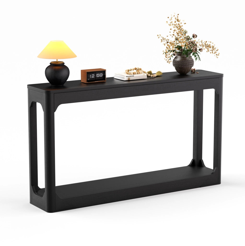 Tavolo consolle stretto 140 cm in MDF nero con ripiani aperti