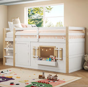 Letto rialzato per bambini 90x200 cm con scala e spazio inferiore multifunzione; bianco