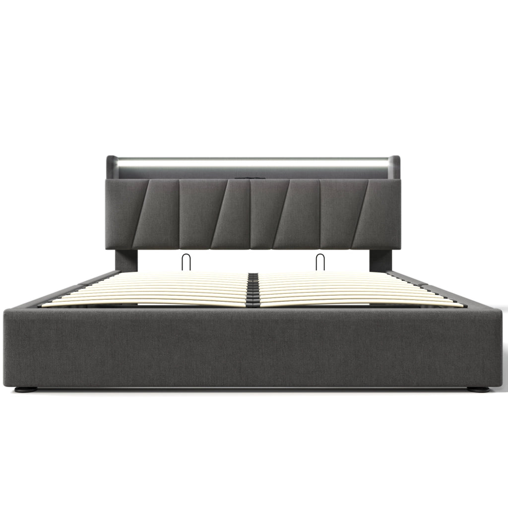 Letto matrimoniale imbottito 140x200 cm grigio con testiera contenitore; USB e LED RGBW