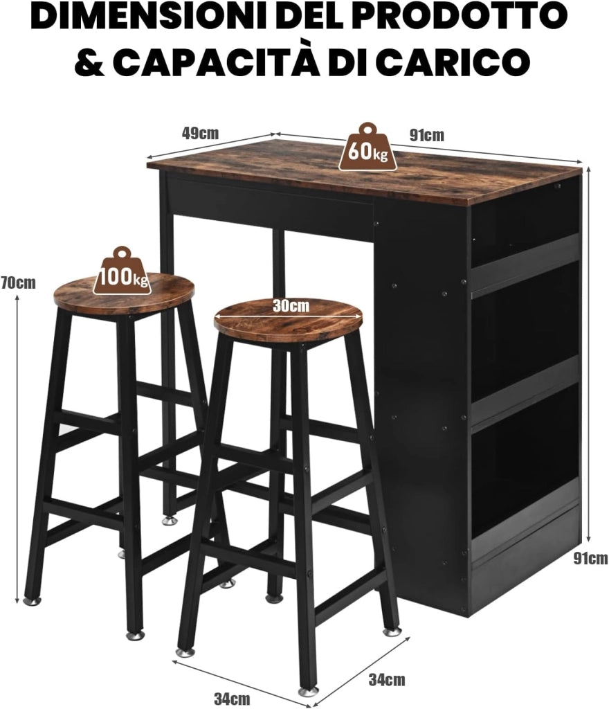 Set di Tavolo e 2 Sgabelli da Bar con Struttura in Legno e Metallo | Tavolo da Pranzo e Colazione a 3 Ripiani per Sala da Pranzo e Cucina, Marrone Rustico