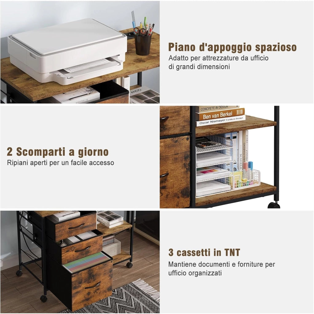 Cassettiera da Ufficio, Armadietto con 3 Cassetti e 2 Ripiani, Schedario da Ufficio con Ruote, Porta Stampante con Sezione di Ricarica, in Legno e Metallo, Marrone vintage, ASK07shm