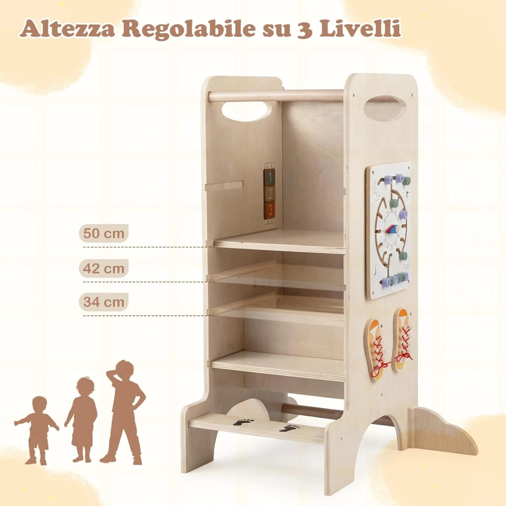 Torre Montessoriana in Legno Bambini, Torre di Apprendimento 3 Altezze Regolabili con Giochi Educativi e Lavagna, Corrimano Sicurezza e Piedini Antiribaltamento, per Cucina e Bagno