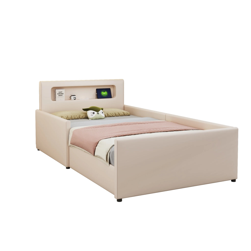 OKWISH Letto Bambino 90×200 cm, Letto Singolo con USB, Luce Notturna e Cassetto Contenitore, senza Materasso, in Ecopelle, Beige