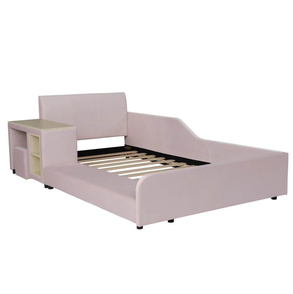 Letto imbottito 90x200 cm con scrivania; sgabello e ripiano in velluto rosa