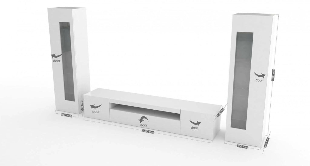 Parete attrezzata da soggiorno Aslhey, Made in Italy, Mobile porta TV, Set salotto moderno, cm 300x40h162, Bianco lucido, con luce LED blu