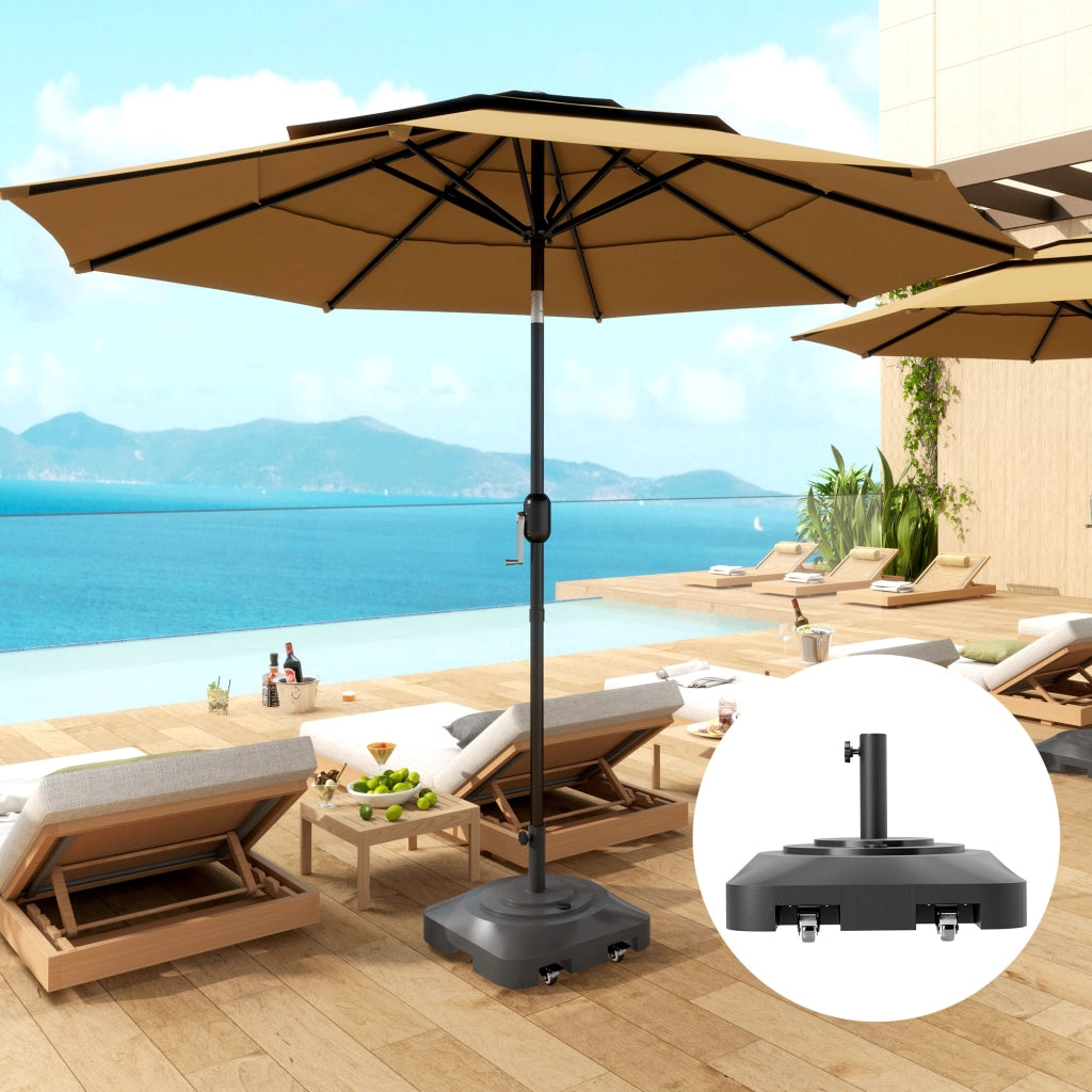 Base per Ombrellone a Rotelle e Riempibile con Acqua o Sabbia, in HDPE, 48x48x32.5 cm, Nero