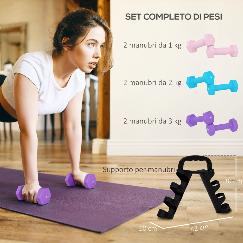 Set 6 Manubri Pesi 12 kg con Supporto ¨C zephmum ¨C Metallo e PP Rosa, Azzurro, Viola