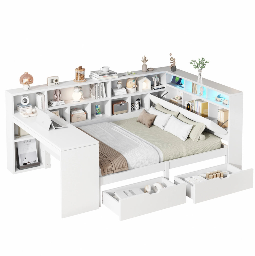Letto angolare 140x200 bianco con scrivania, libreria, LED e cassetti