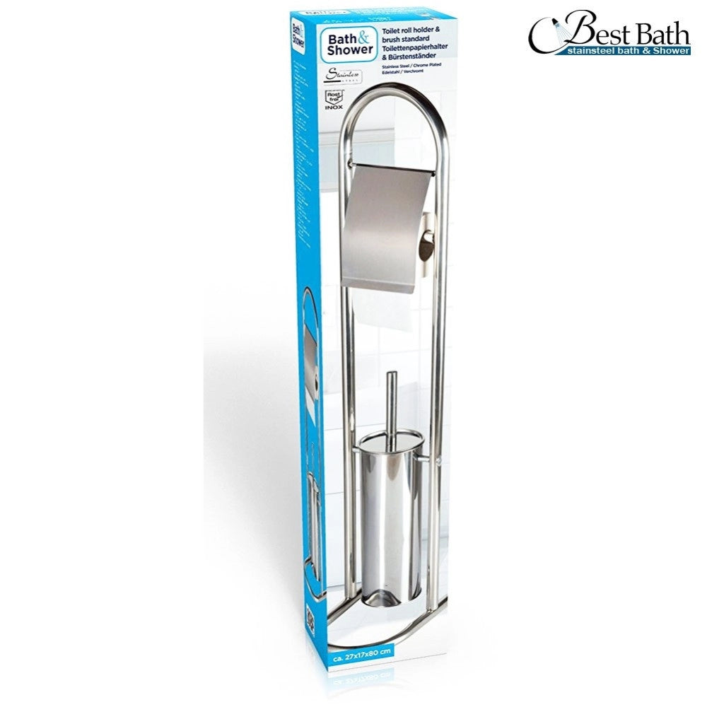 Trade Shop - Piantana Porta Rotolo Con Scopino Da Bagno Metallo Lucido Cromato Bagno Wc 80 Cm -
