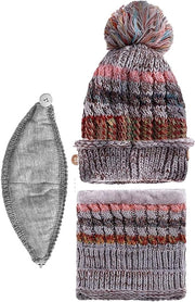 Set di cappello, sciarpa e maschera per donne - Inverno - Caldo e spesso - Piuma decorativa - Cappello di lana - Sciarpa a cerchi - Cappello invernale - Cappello di lana con sciarpa