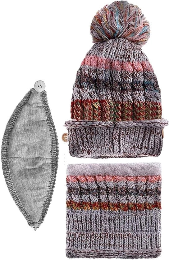 Set di cappello, sciarpa e maschera per donne - Inverno - Caldo e spesso - Piuma decorativa - Cappello di lana - Sciarpa a cerchi - Cappello invernale - Cappello di lana con sciarpa