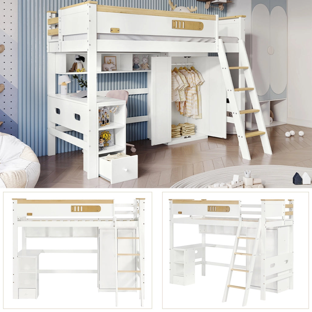 Letto a Castello 90x200 cm - Scrivania; Armadio e Scaffale Aperto - in Legno e MDF - Bianco e Naturale