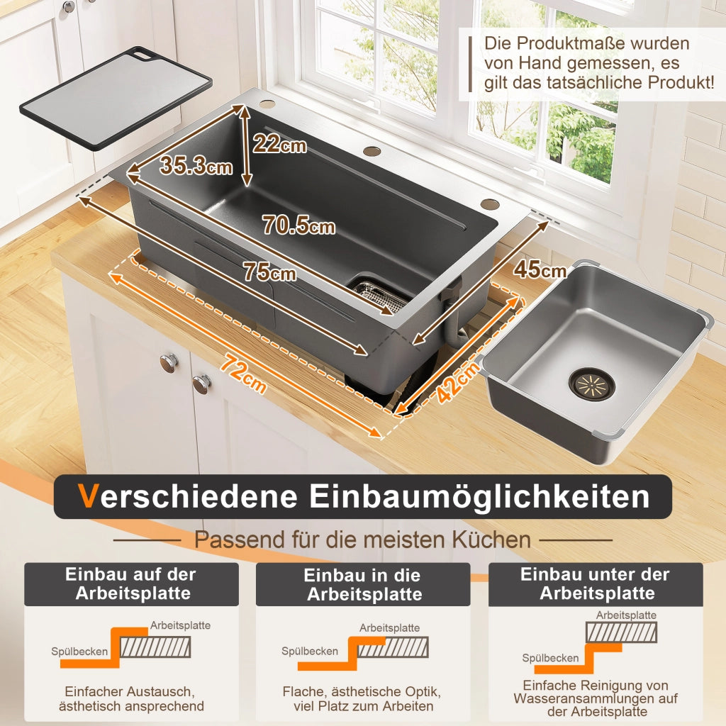 Lavello da cucina da incasso in acciaio inox PVD 75x45 cm con tagliere e doppio filtro