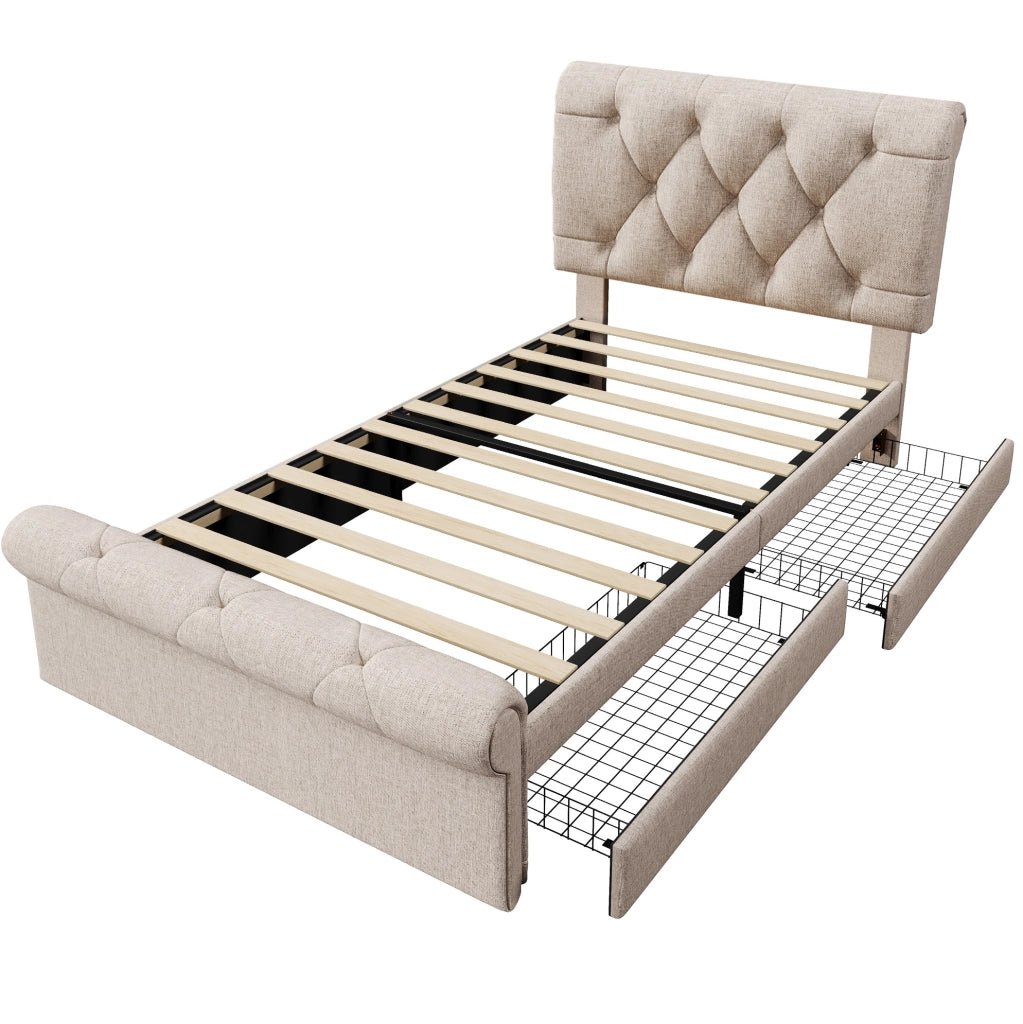 Letto singolo imbottito 90x200 cm con 2 cassetti; testiera regolabile e materasso; naturale