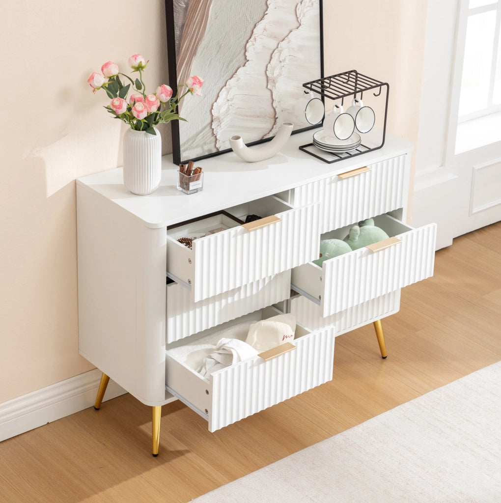 Comò bianco a 6 cassetti 105x40x80 cm con chiusura ammortizzata e piedini alti