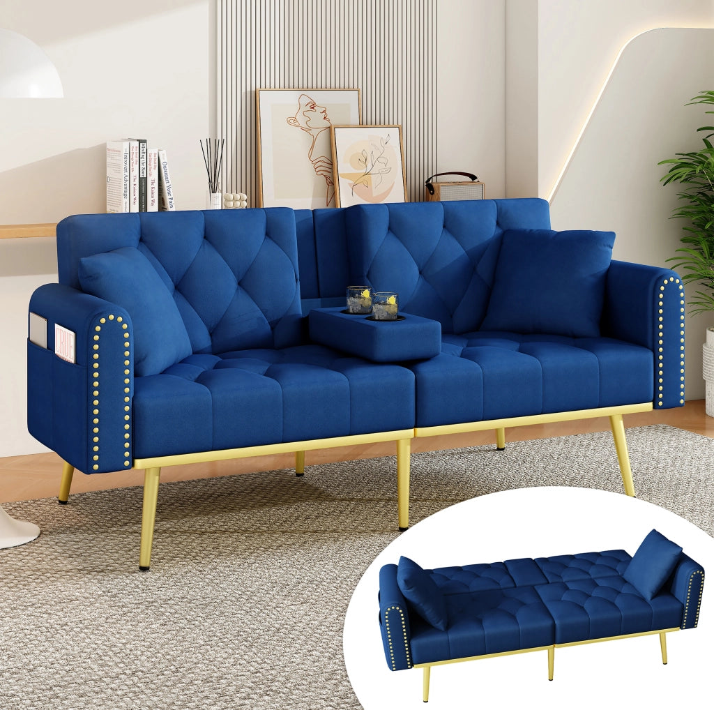 Divano letto 2 posti in velluto blu con schienale reclinabile