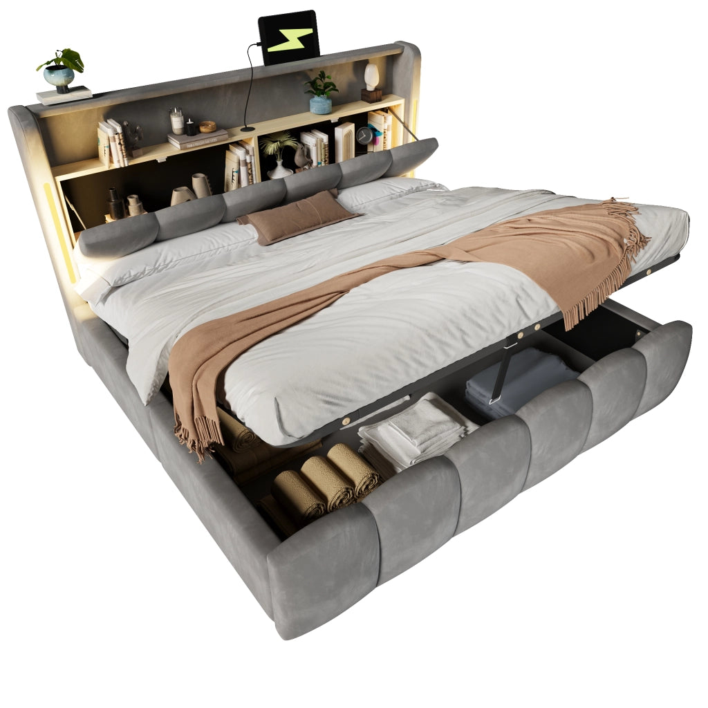 Letto imbottito 180x200 LED testiera stivaggio idraulico USB/Type-C velluto