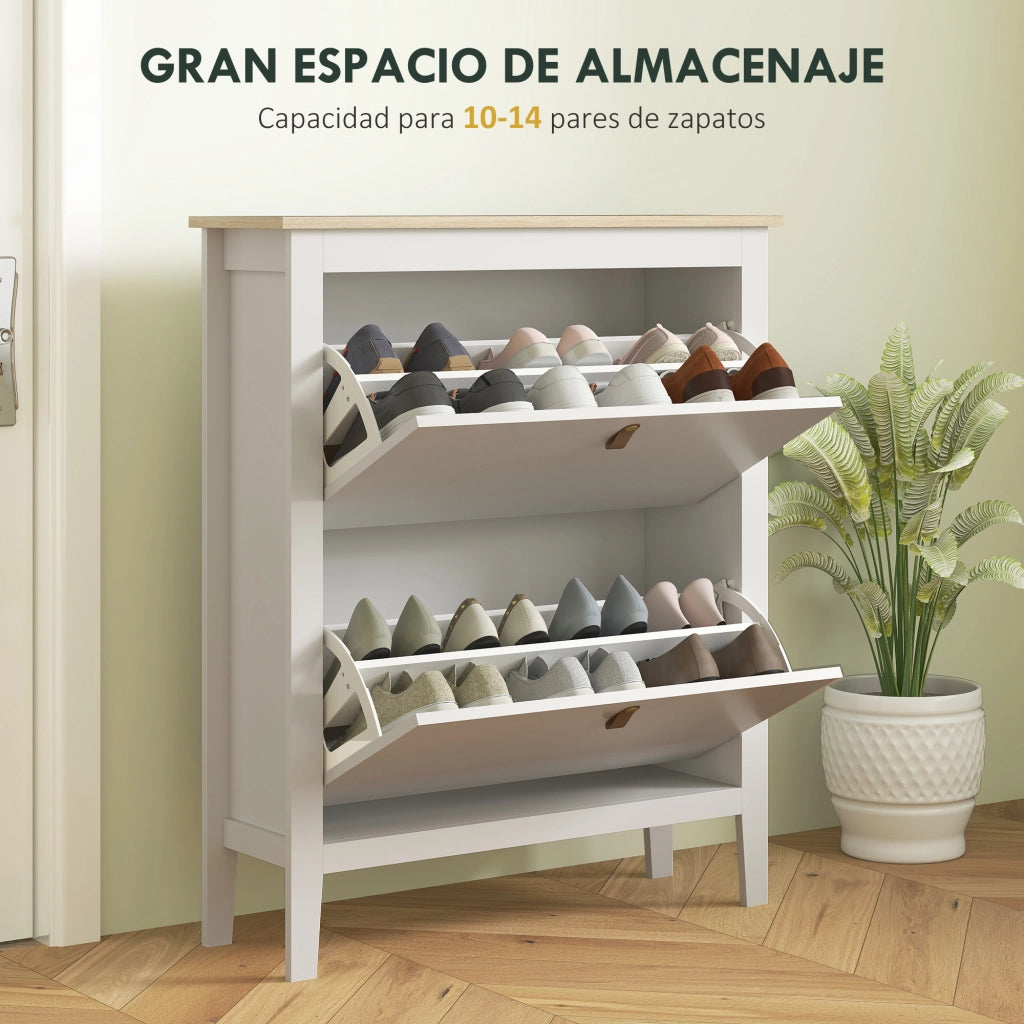 Scarpiera Stretto con 2 Scomparti e Tiradori Pelle PU ¨C zephmum ¨C Bianco e Legno 80x24x95,5 cm