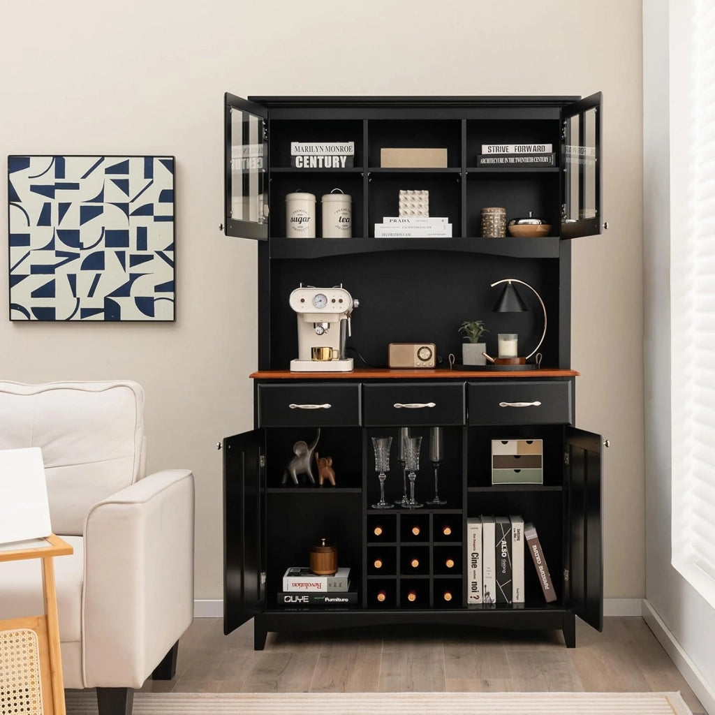 Credenza da Cucina, Armadietto Dispensa da Cucina Alto con Ante in Vetro Temperato, Portabottiglie, Ripiani Regolabili, Mobile Moderno per Cucina con 3 Cassetti e Ripiani Aperti (Nero)