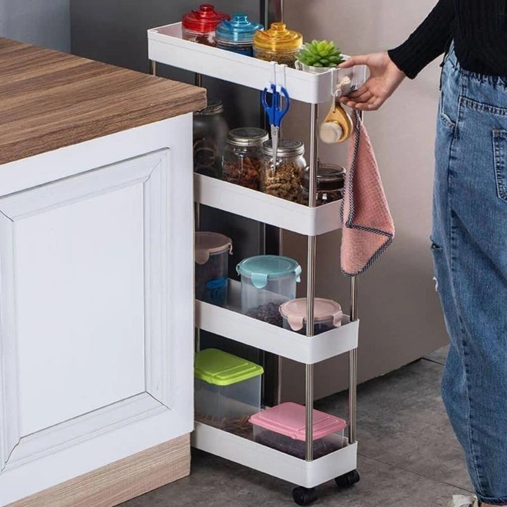 Trade Shop - Carrello Salvaspazio Carrellino Slim Cucina Bagno Ripostiglio 3 Ripiani 4 Ruote -