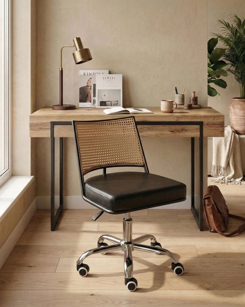 Sedia da ufficio Nero Ecopelle PE Rattan Schienale Girevole Altezza Regolabile Senza Braccioli Casa Ufficio Studio Tradizionale
