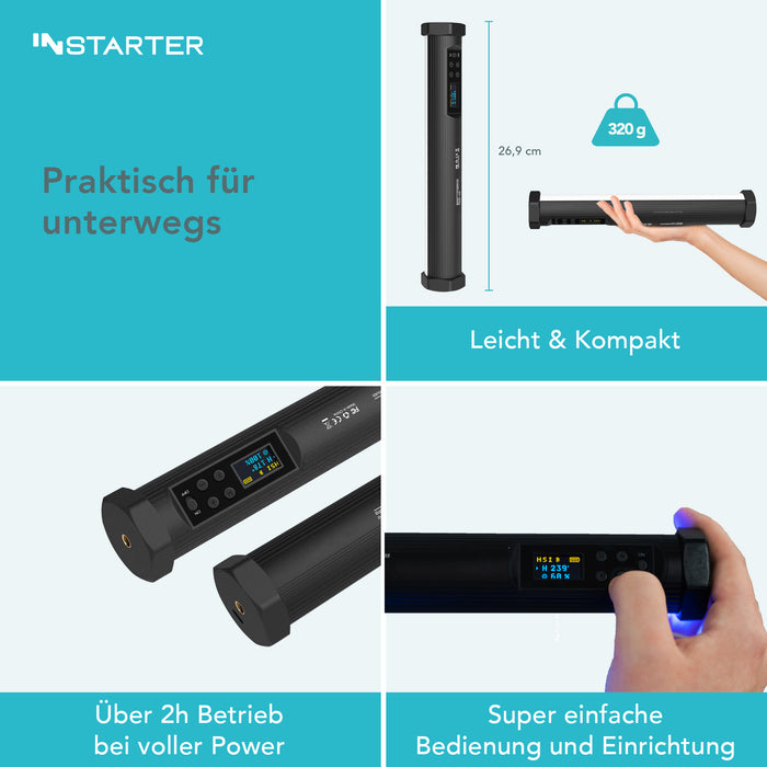 Instarter Spectar Tubo led RGB per illuminazione fotografica da 10 W, Luce studio per foto video bicolore, 3200-7500 K