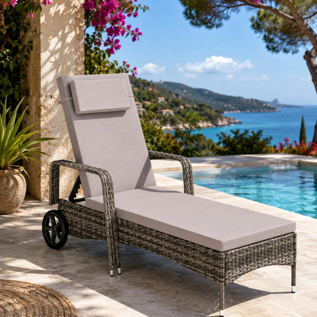 Chaise Longue In Polyrattan Con Schienale Reclinabile Sei Livelli Poggiatesta Integrato E Ruote Per Giardino E Solarium 196 x 72 x 94.5 Cm Grigio