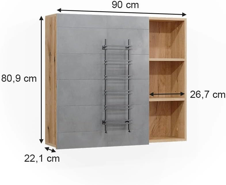 Specchio contenitore bagno Rudi, Rovere, 90 x 80.9 cm con anta e vani a giorno, con meccanismo push-to-open e struttura combinabile