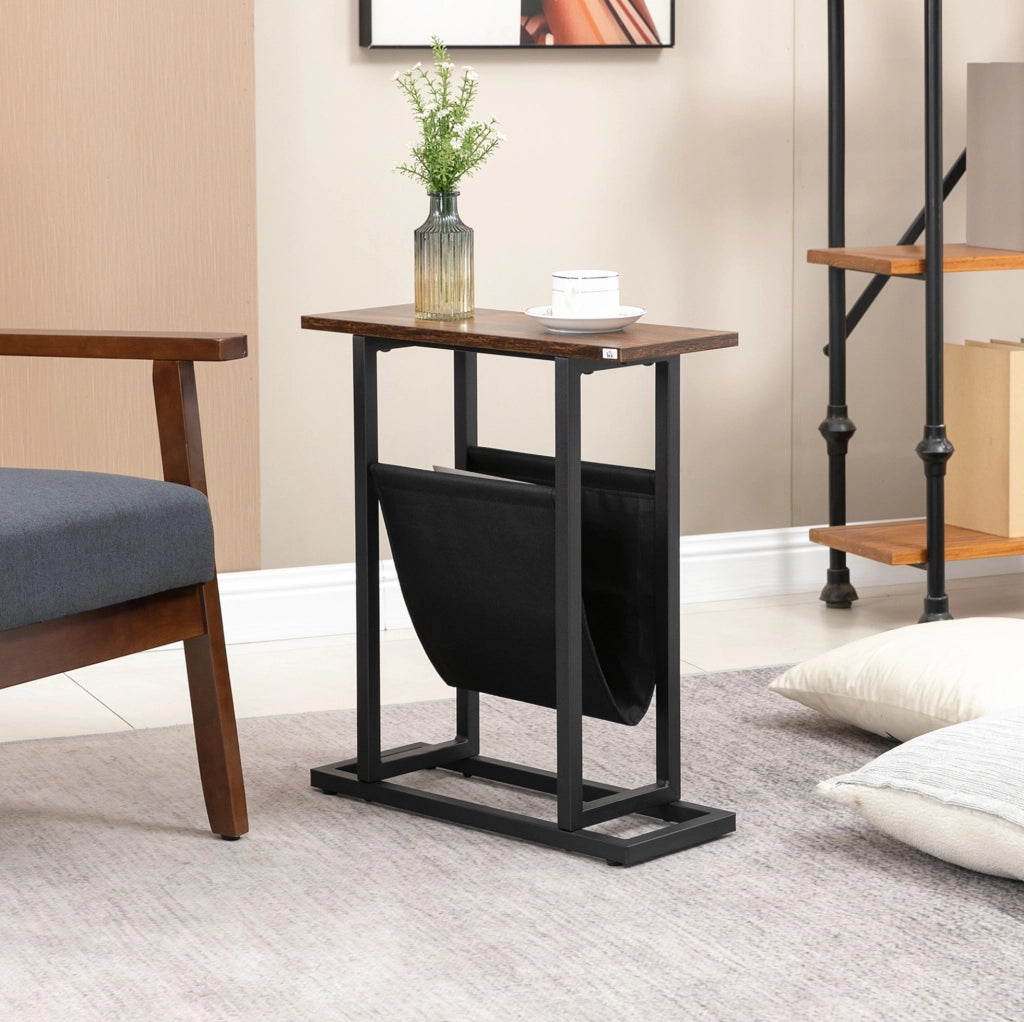 Tavolino laterale 49x19x55 cm con tasca portaoggetti; struttura in acciaio; poliestere marrone scuro