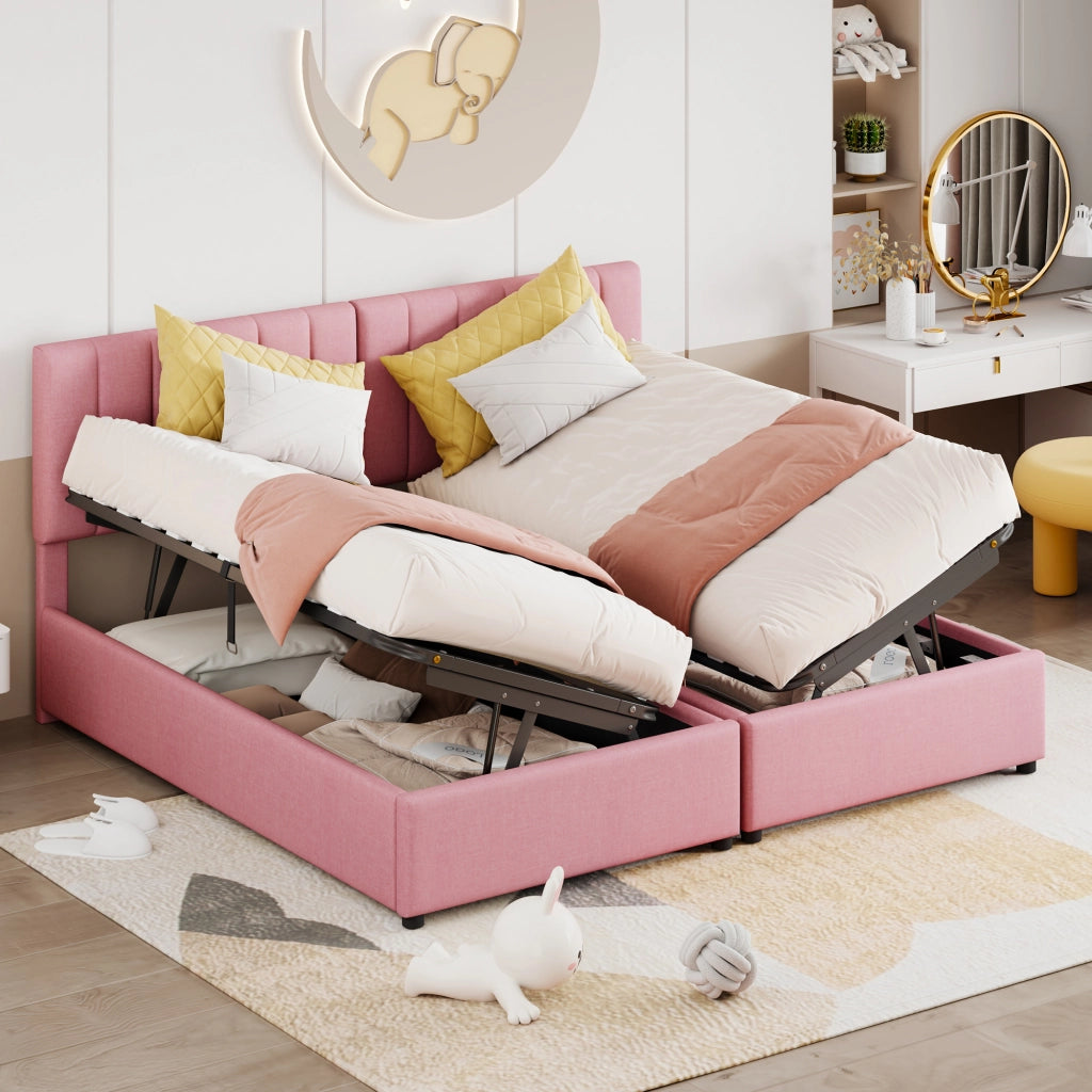 Letto contenitore matrimoniale; vano e testiera regolabile; 180×200 cm e 2×90×200 cm; senza materasso; rosa