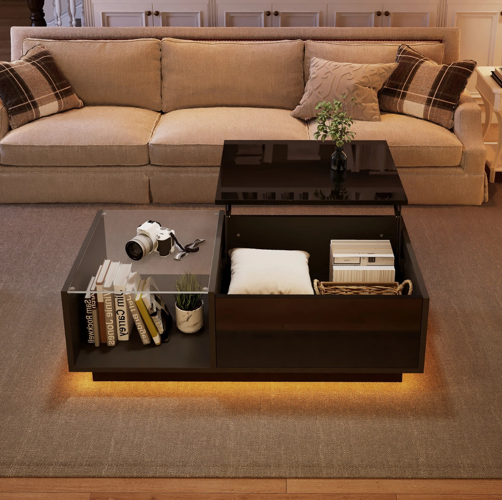 Tavolino da salotto sollevabile con LED APP; piano lucido nero; 100 x 50 x 33 cm in pannello truciolare