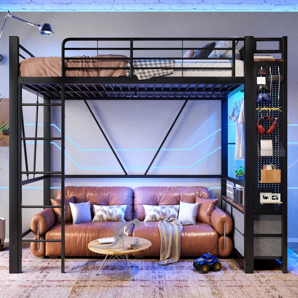 Letto a soppalco 90x200 cm con cassetti, LED e prese nero