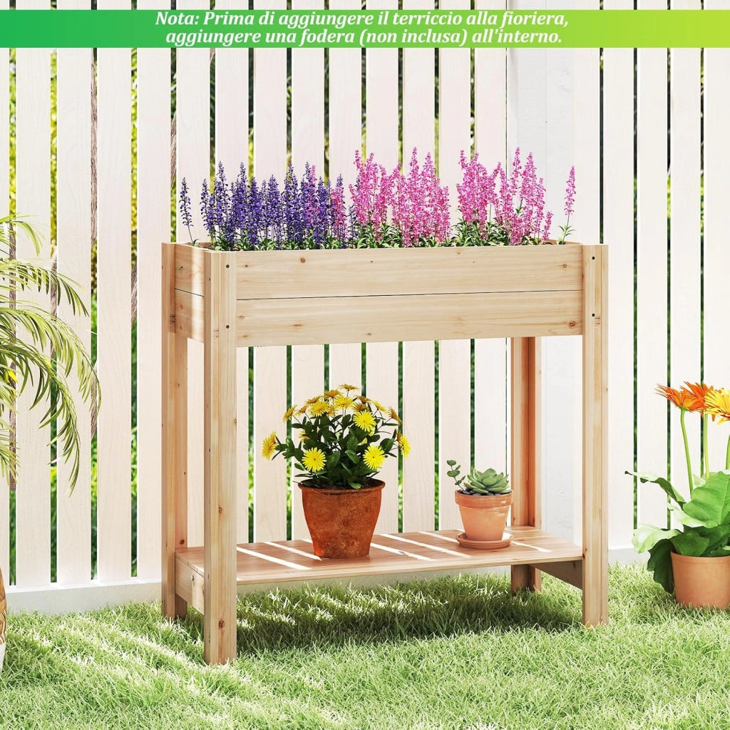 Letto da Giardino Rialzato, Fioriera Elevata con Mensola di Stoccaggio, Drenaggio, Orto in Legno Fiori, Erbe e Verdure per Giardino, Cortile e Patio, 81 x 38 x 77 cm