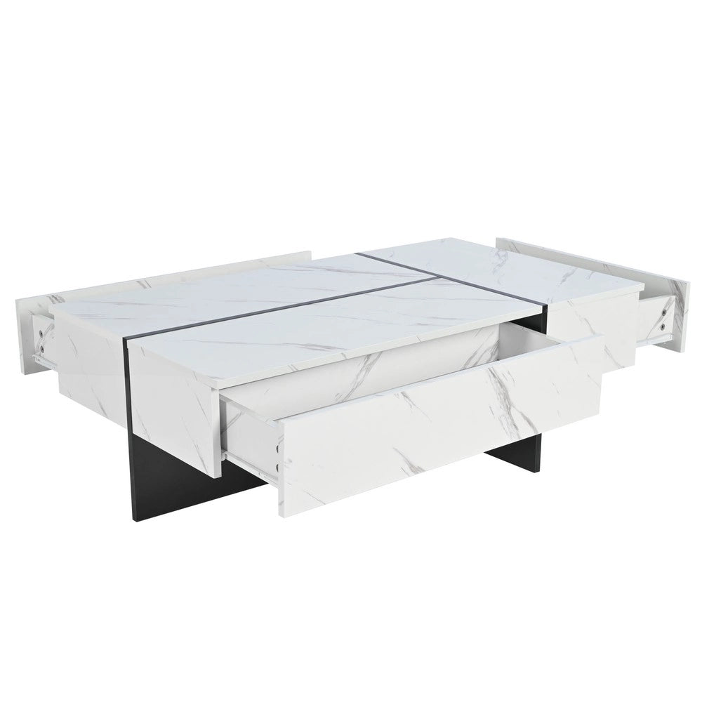 Tavolino da Caff¨¨ con LED e Piano in Vetro Effetto Marmo ¨C MINIMAL ¨C Bianco Lucido, 105x60x35 cm